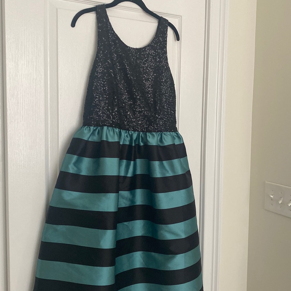 Anthropologie; size 12; black sequins on top; black and green stripe on bottom